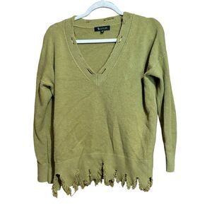 77 Sisters Sweater Womens Small Medium Green Distressed Pullover Sweatshirt